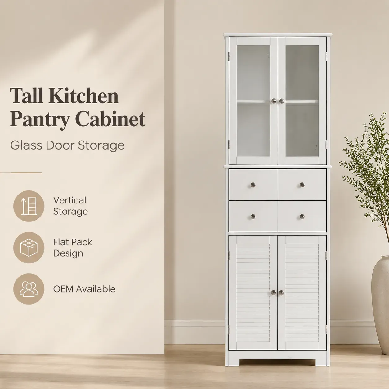 Tall kitchen pantry cabinet with glass doors and drawer storage