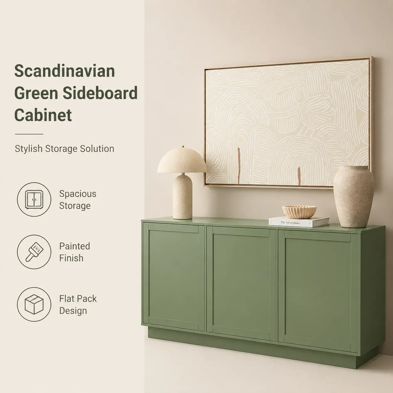 Scandinavian green sideboard cabinet with three door storage design
