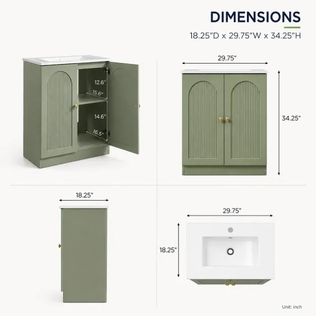 Freestanding Bathroom Vanity dimensions with ceramic basin and fluted doors