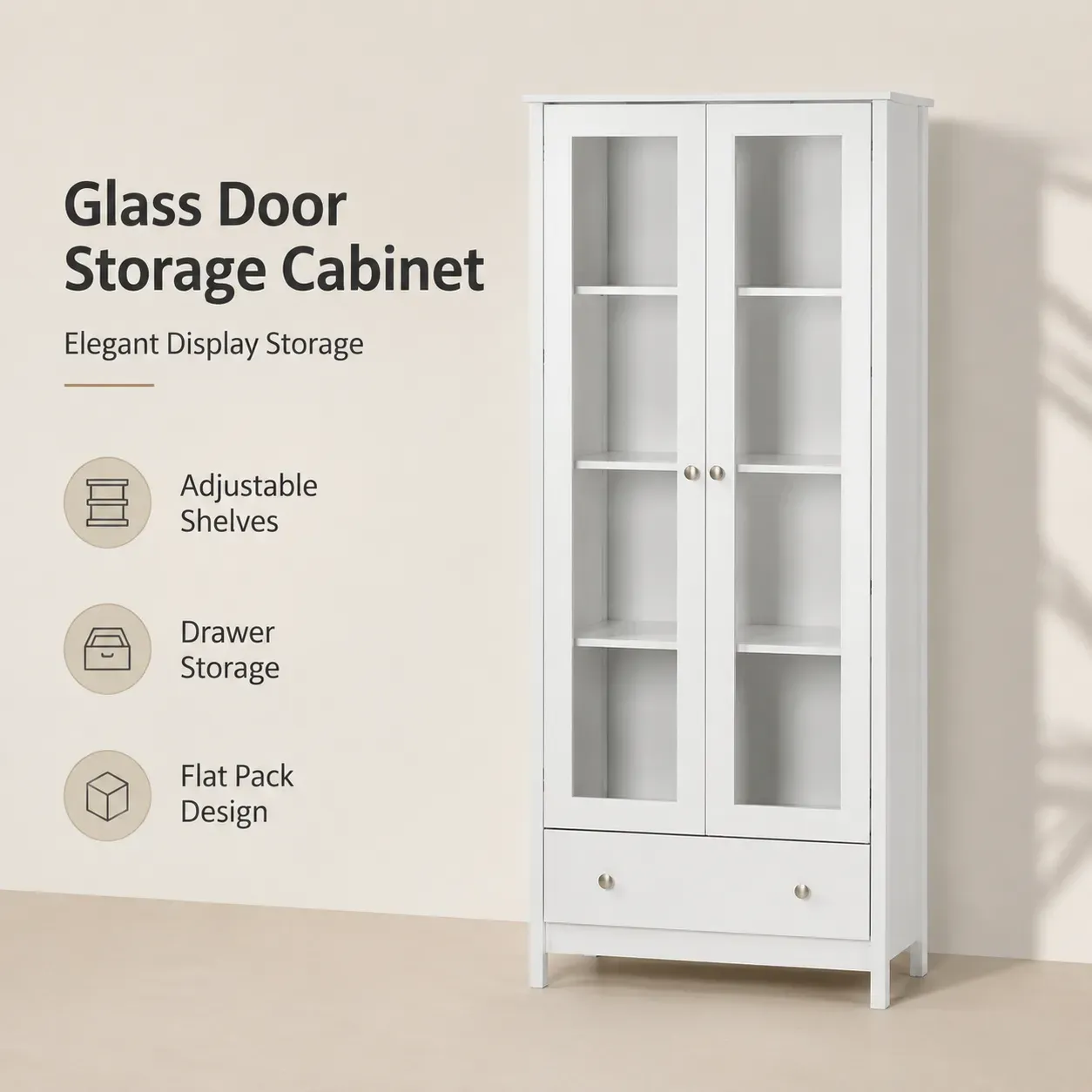 Scandinavian glass door storage cabinet with white painted finish