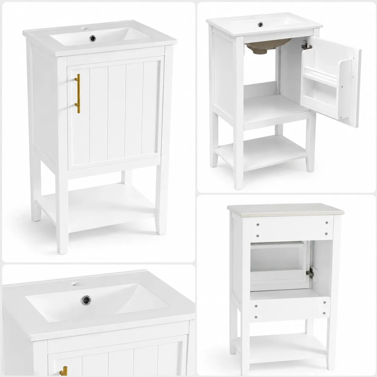 White bathroom vanity unit detail image showing ceramic sink, single door storage, lower shelf and cabinet structure