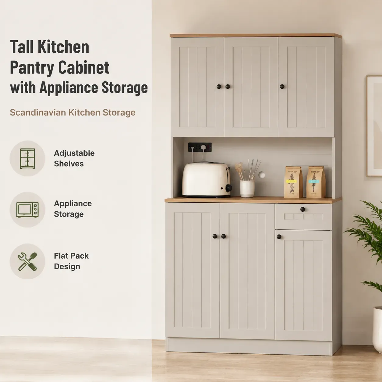Warm greige tall kitchen pantry cabinet with natural oak top for European kitchen storage