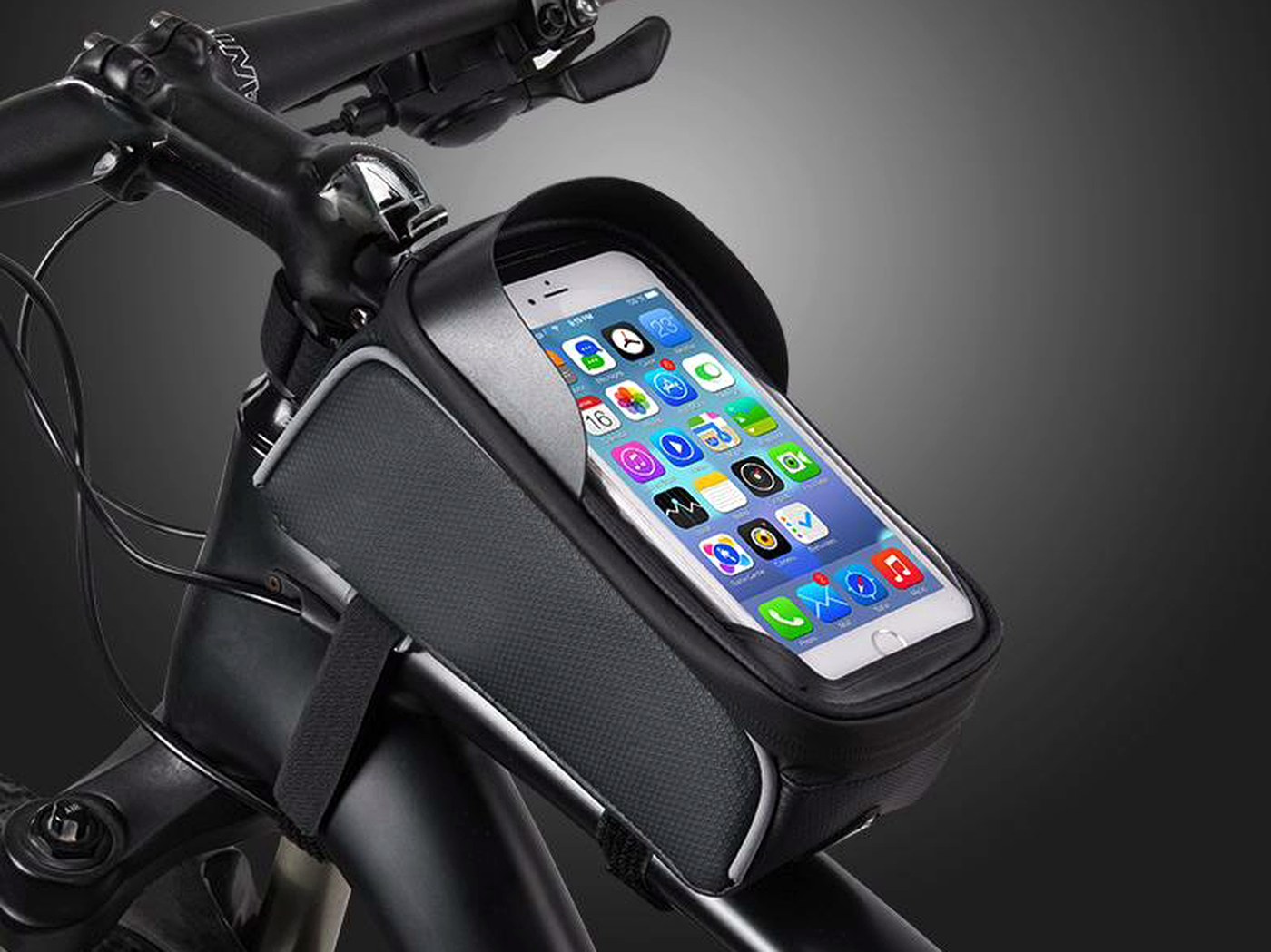 Black KY016 top tube bag with transparent touchscreen phone window, mounted on the top tube