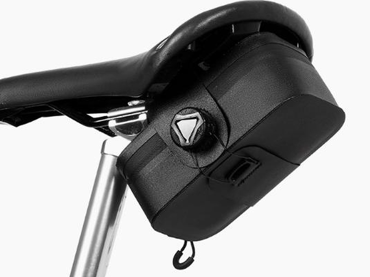 Black KY102 classic wedge saddle bag with reflective strip, mounted under the saddle