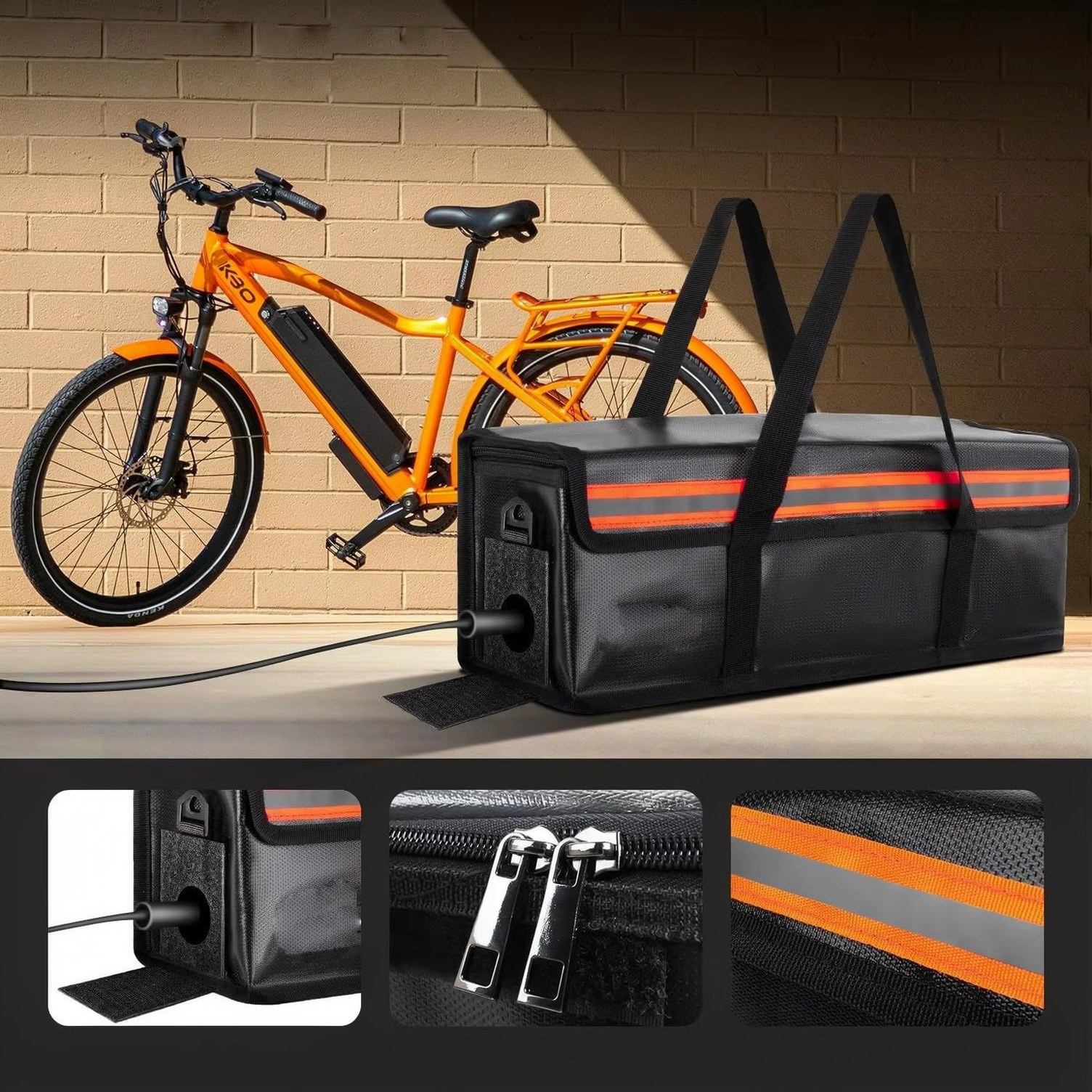 Black E02 battery bag with orange reflective stripe and shoulder strap beside a bicycle