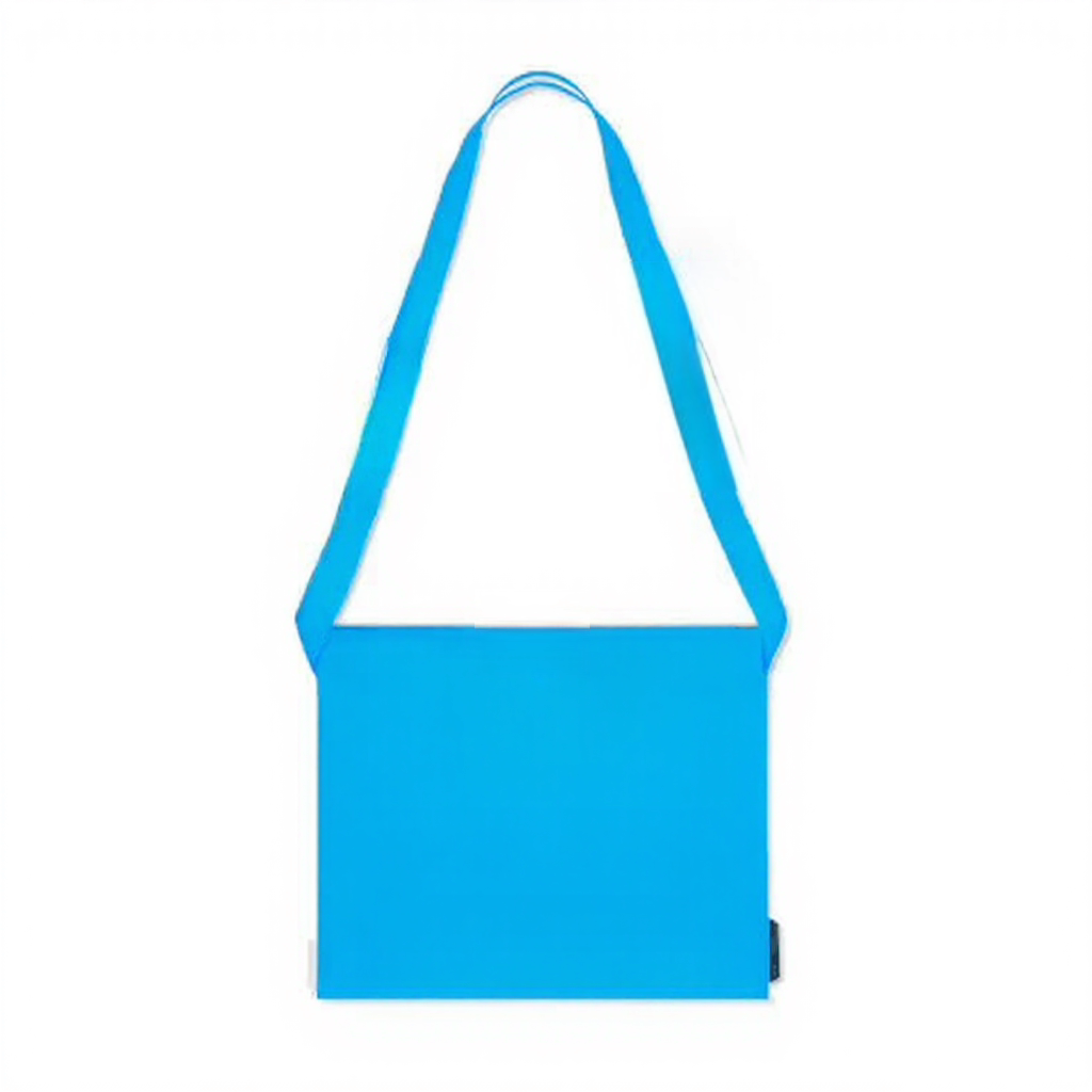 Cycling musette bag in blue showing the flap, shoulder strap and clean plain fabric