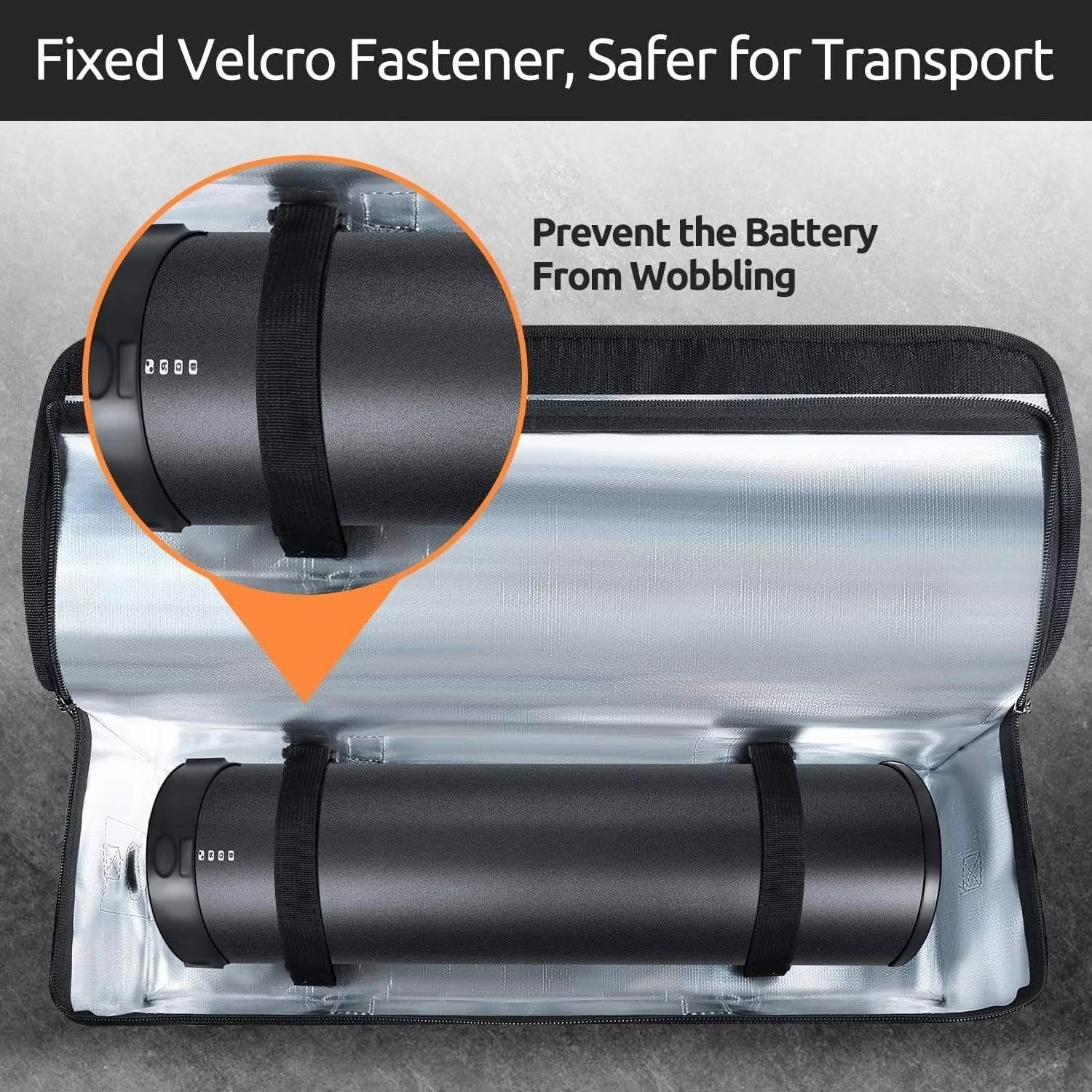 Close-up of the internal velcro fastener and dual zipper pulls of the E02 battery bag