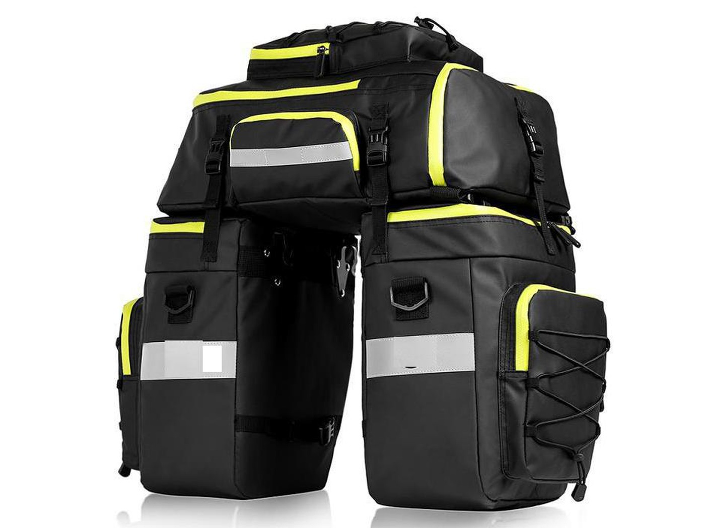 KY036 black and yellow travel pannier bag set with seat pack and accessories, studio photo on white background