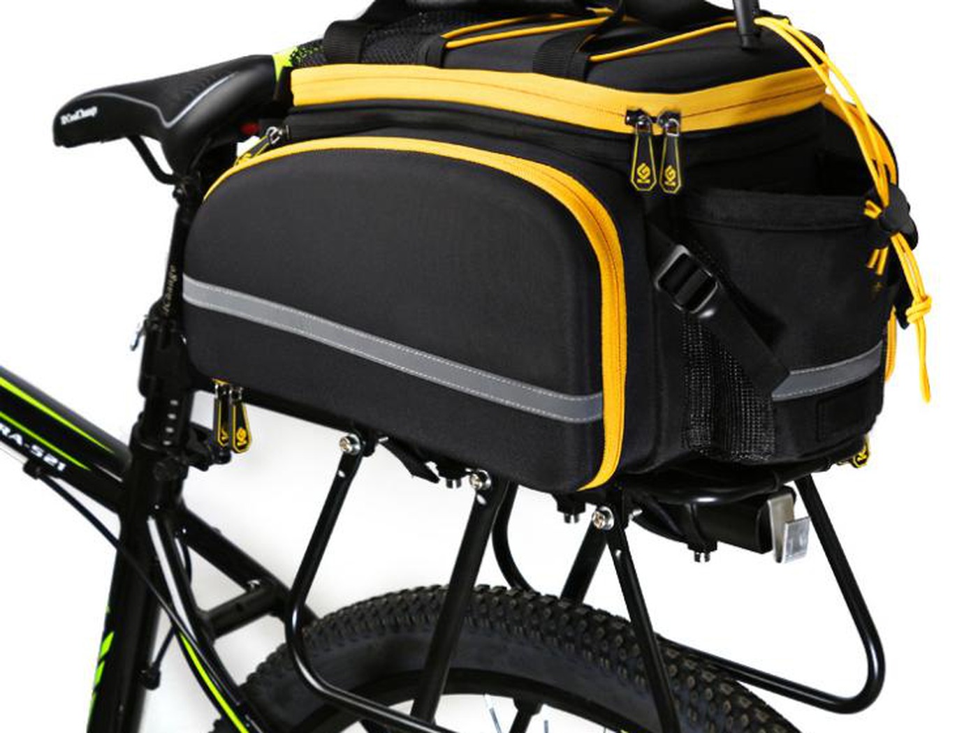 Black KY029 rack tank bag with yellow trim and reflective stripe, mounted on the bike rear rack
