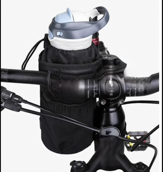 KY009 water bottle bag mounted on a carbon handlebar holding a water bottle, view from the front