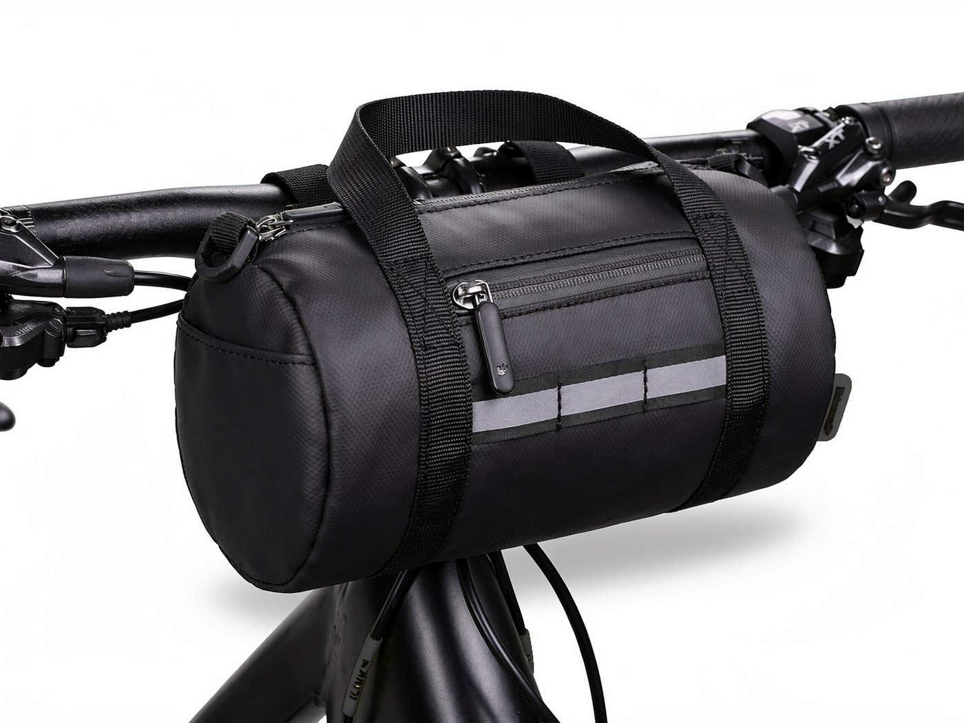 Black KY070 cylindrical handlebar bag with reflective strip, three-quarter view on white background