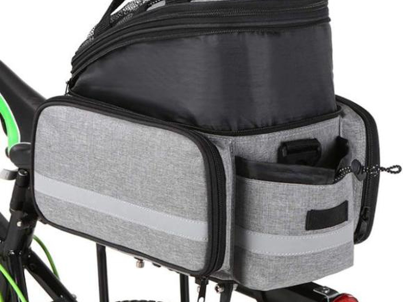 Grey KY031 rack tank bag with black roll-top lid and reflective stripes, mounted on the bike rear rack