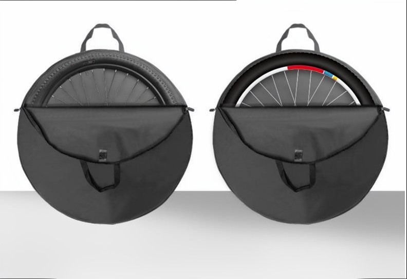 Two black KY038-B round wheel bags with folding wheel covers, shown in two sizes