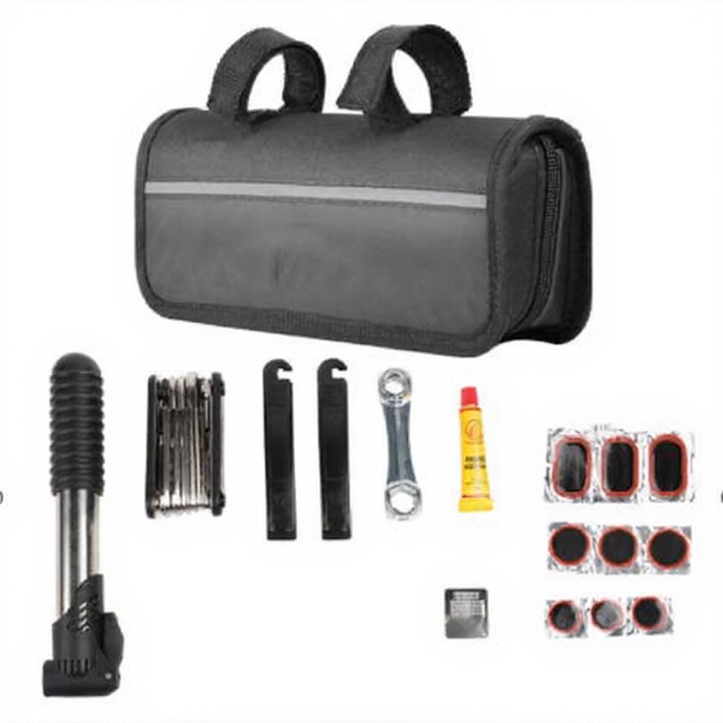 Black KY062 long tool bag laid flat with a screwdriver, hex key set, tire levers, wrench, patch kit and a small repair tin