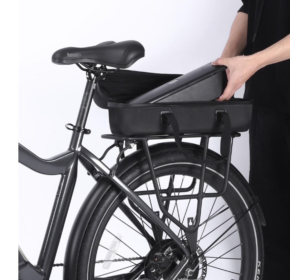Black E01 EVA hard-shell battery bag mounted on a bicycle rear wheel