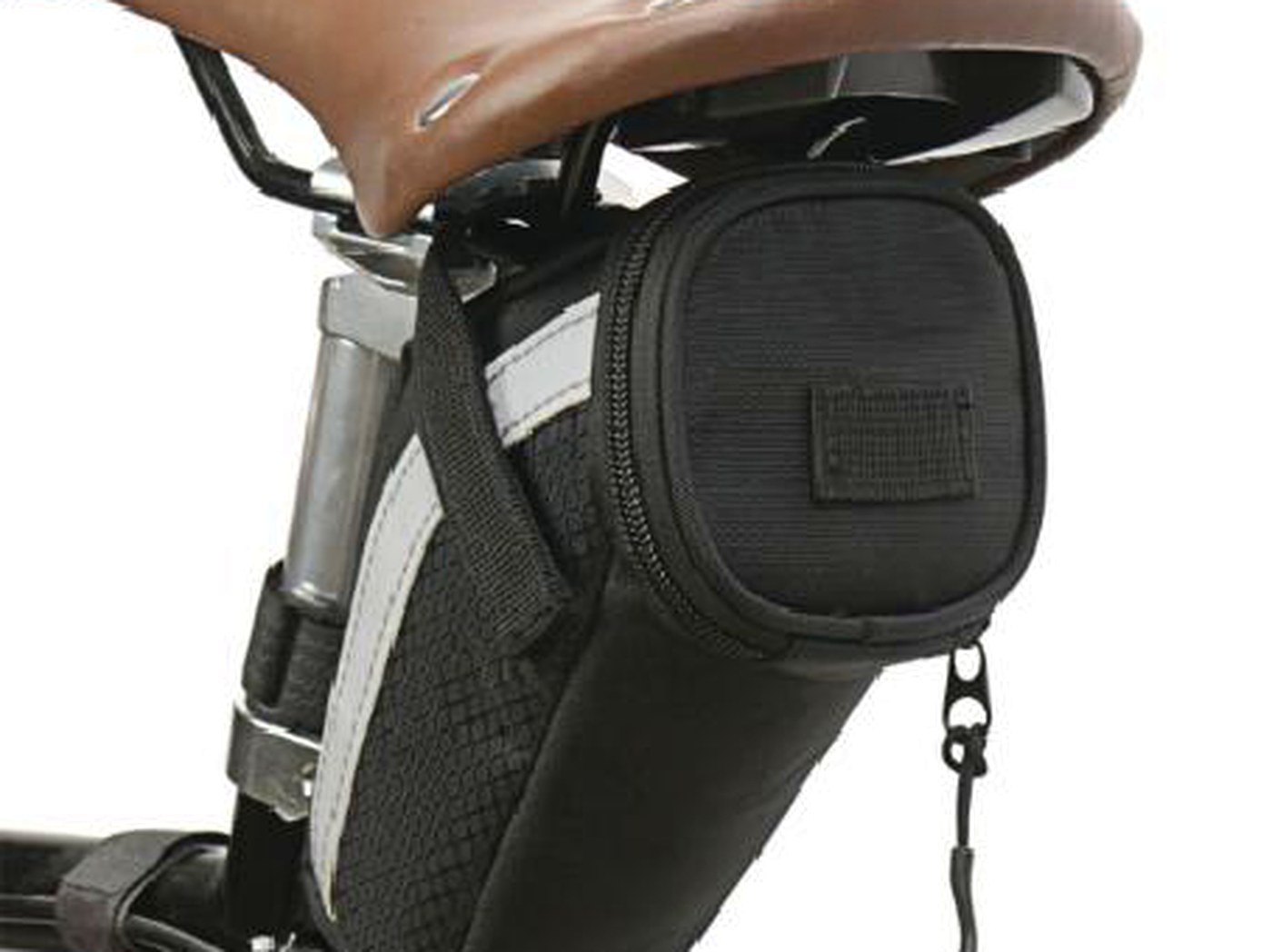 Black KY101 box-style saddle bag with magnetic buckle closure, mounted under the saddle