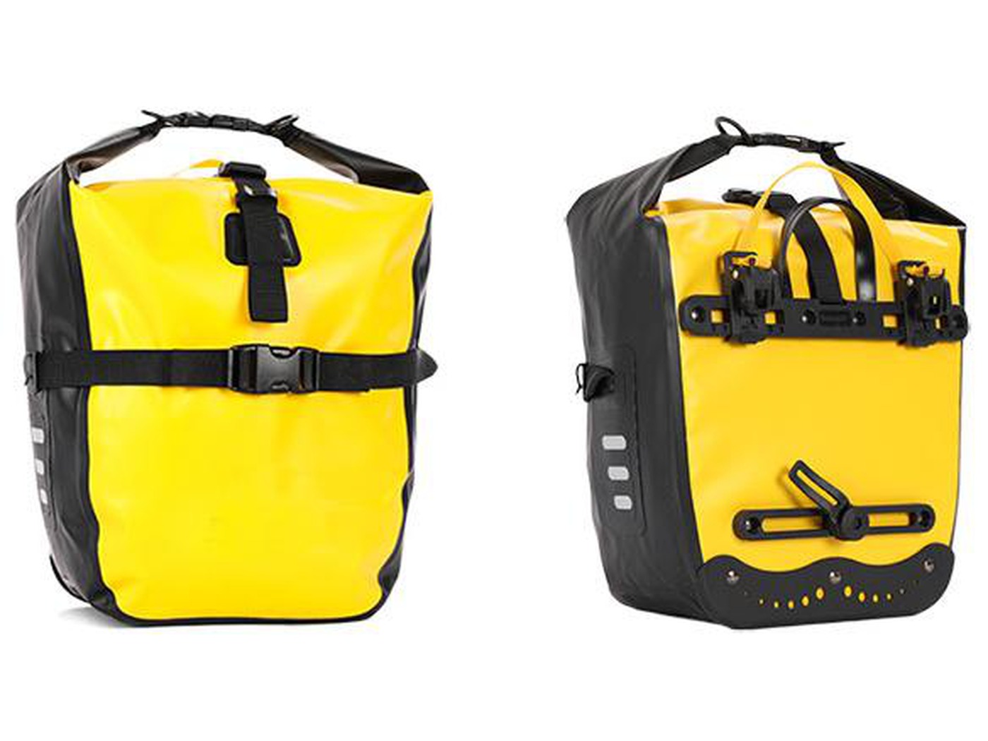 Yellow TPU waterproof pannier bag, front and back views
