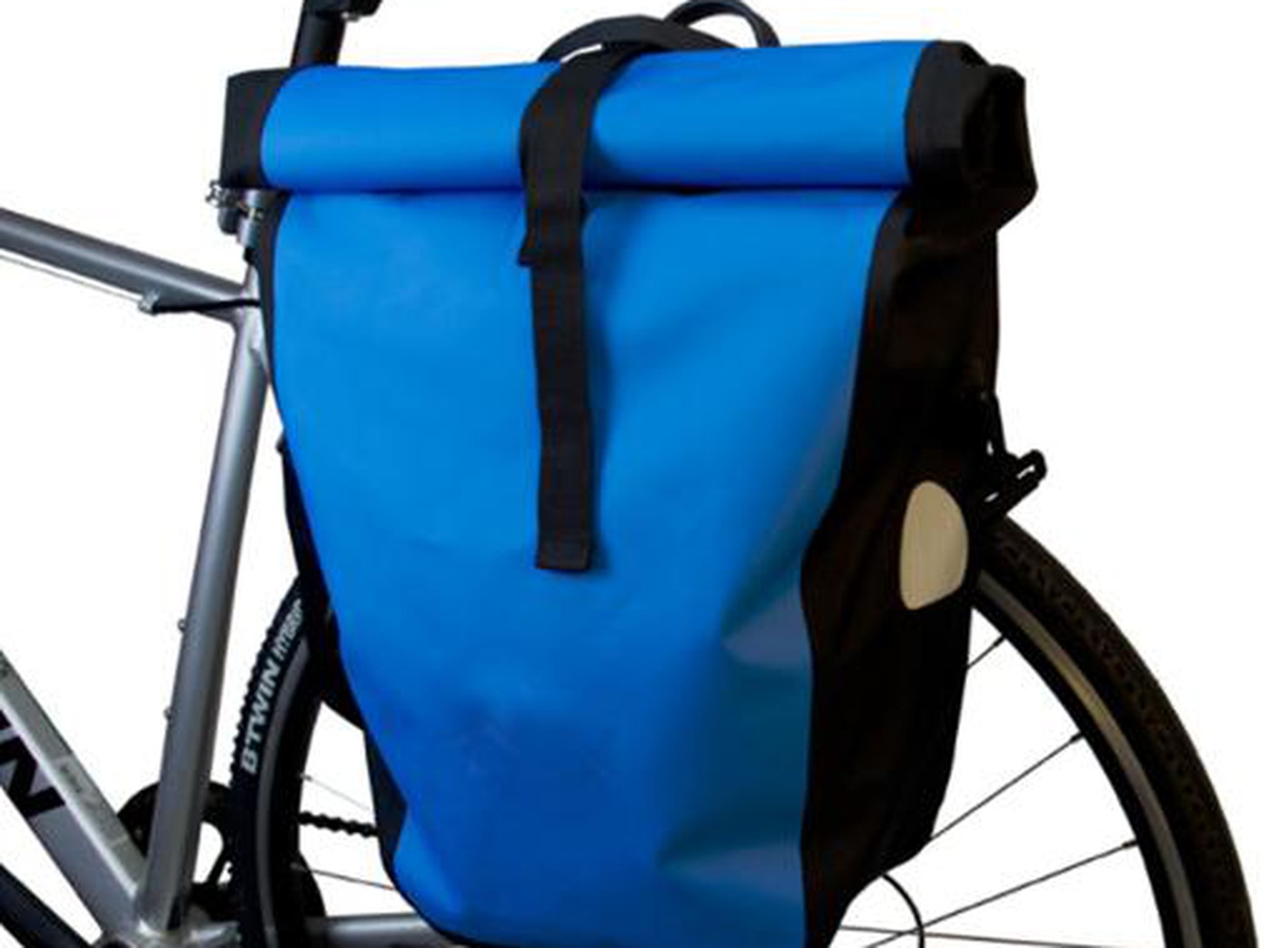 Blue TPU waterproof pannier bag mounted on a rear rack
