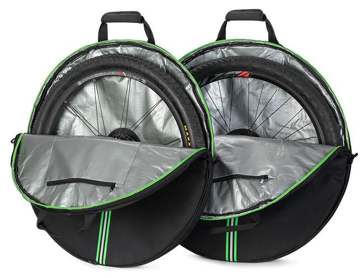 Two black KY038-C wheel bags with bright green piping, opened to show the silver lining
