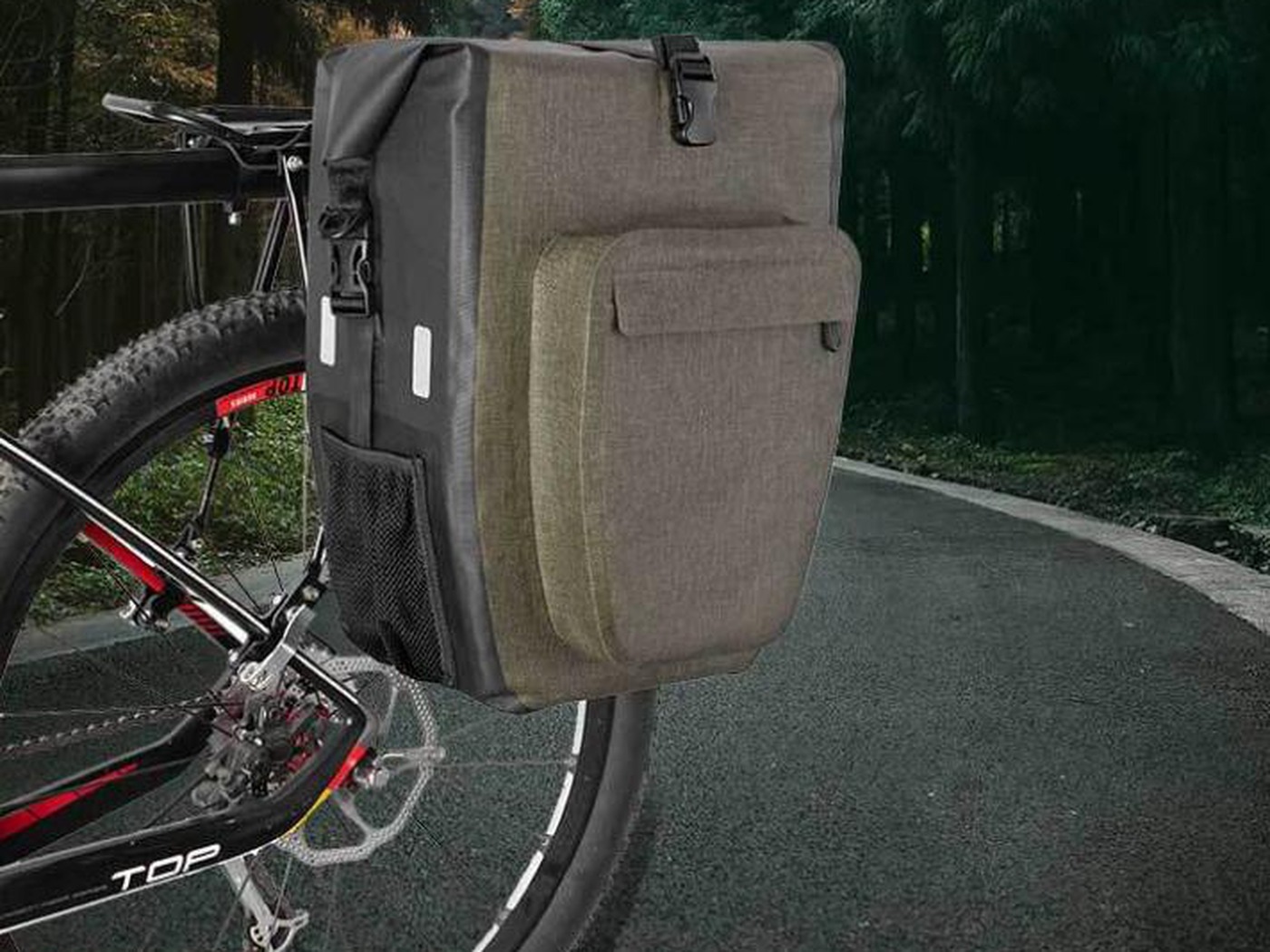 Olive grey KY030 waterproof pannier bag mounted on a bicycle rear rack