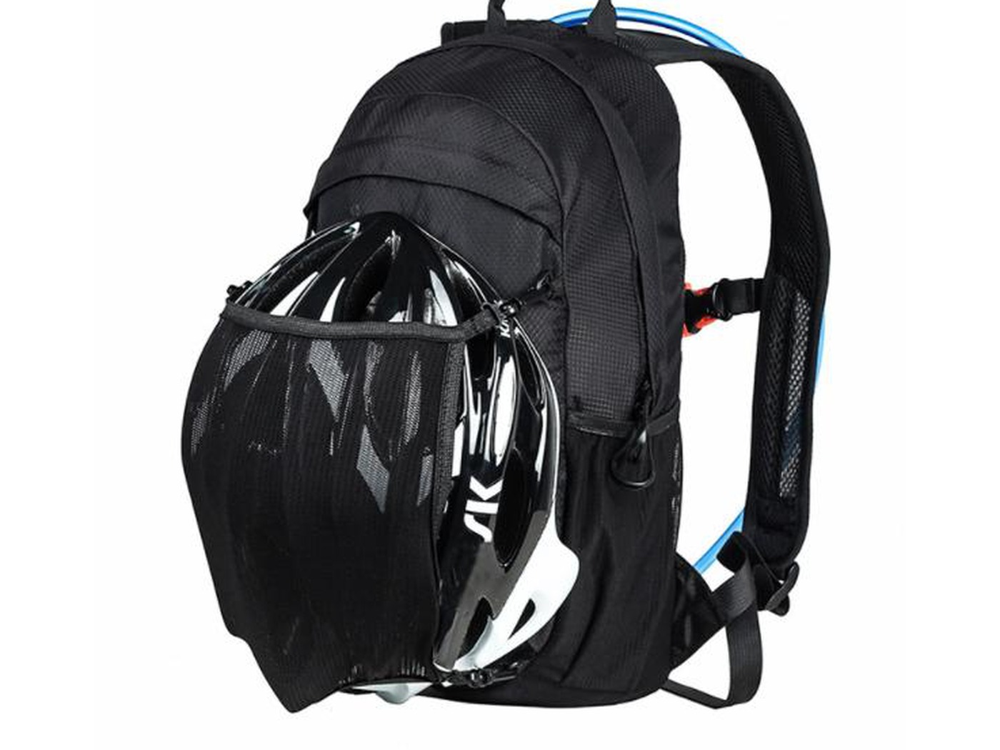 Black KY002BK bike backpack with front helmet net pocket and hydration tube, white background