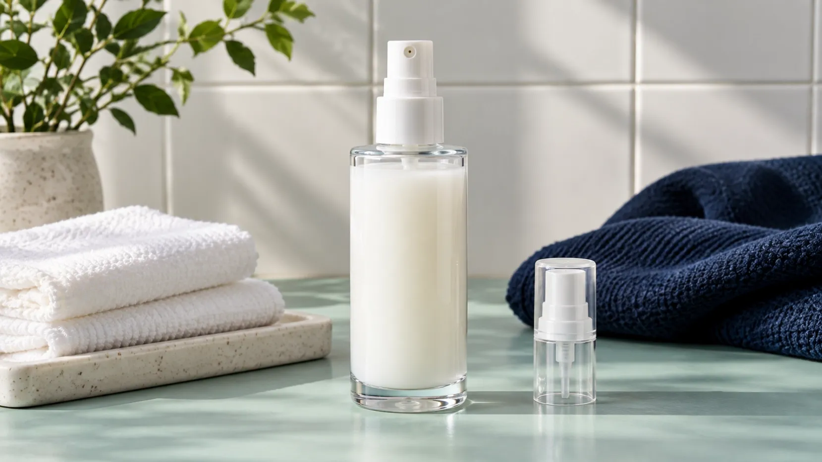 Milky serum spray bottle and a small spray component beside white and navy folded fabric.
