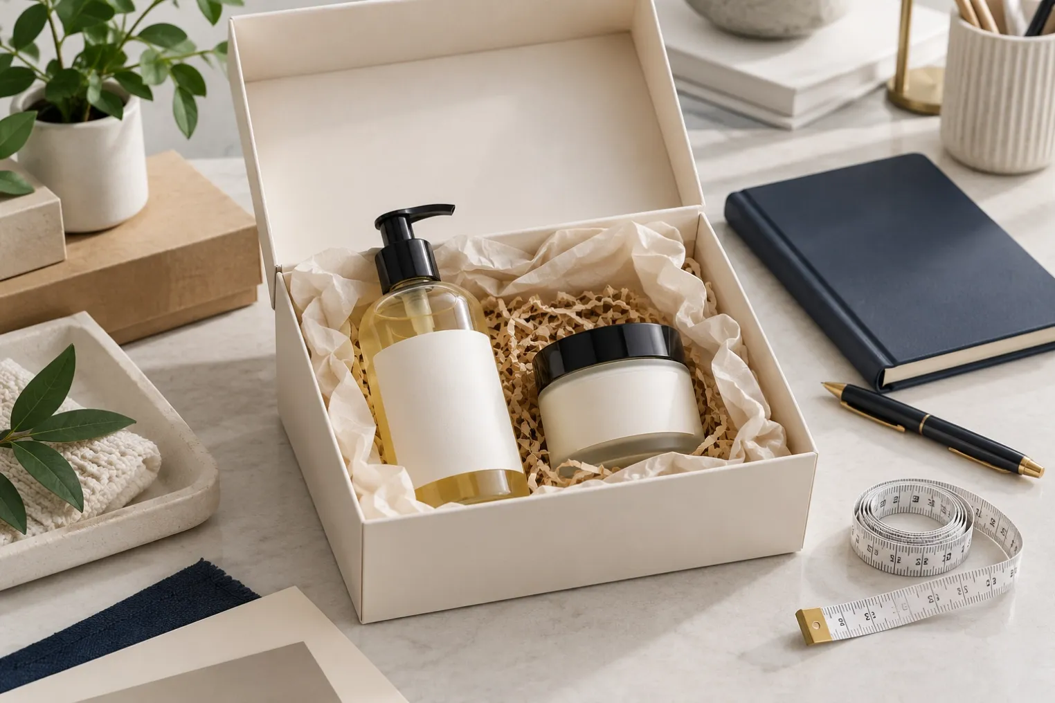 A plain body-care gift box with a wash bottle, cream jar and packing materials on a sourcing desk