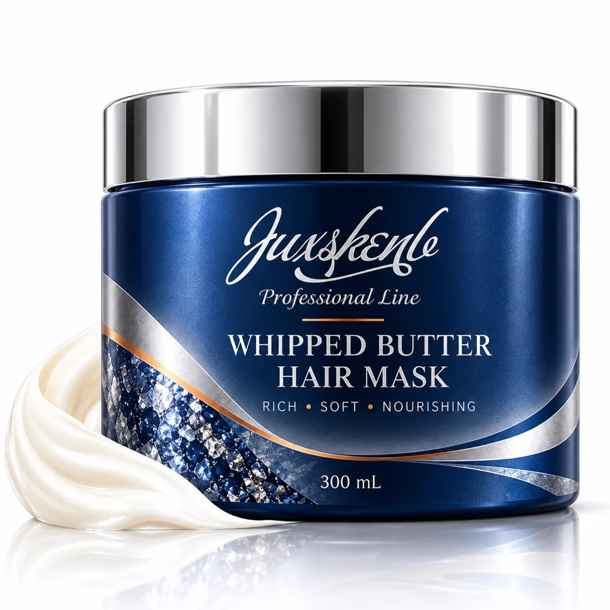 JUXSKENB Whipped Butter Hair Mask 300 ml blue jar with a silver lid and pale cream swirl