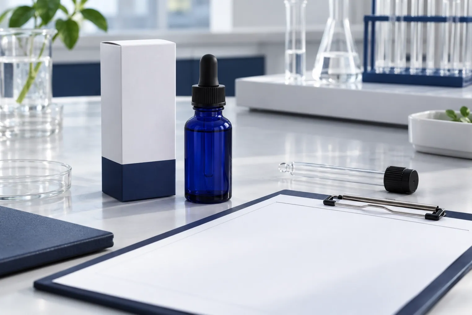 A generic scalp-serum dropper bottle with a closed sample box and blank approval sheet on a laboratory bench