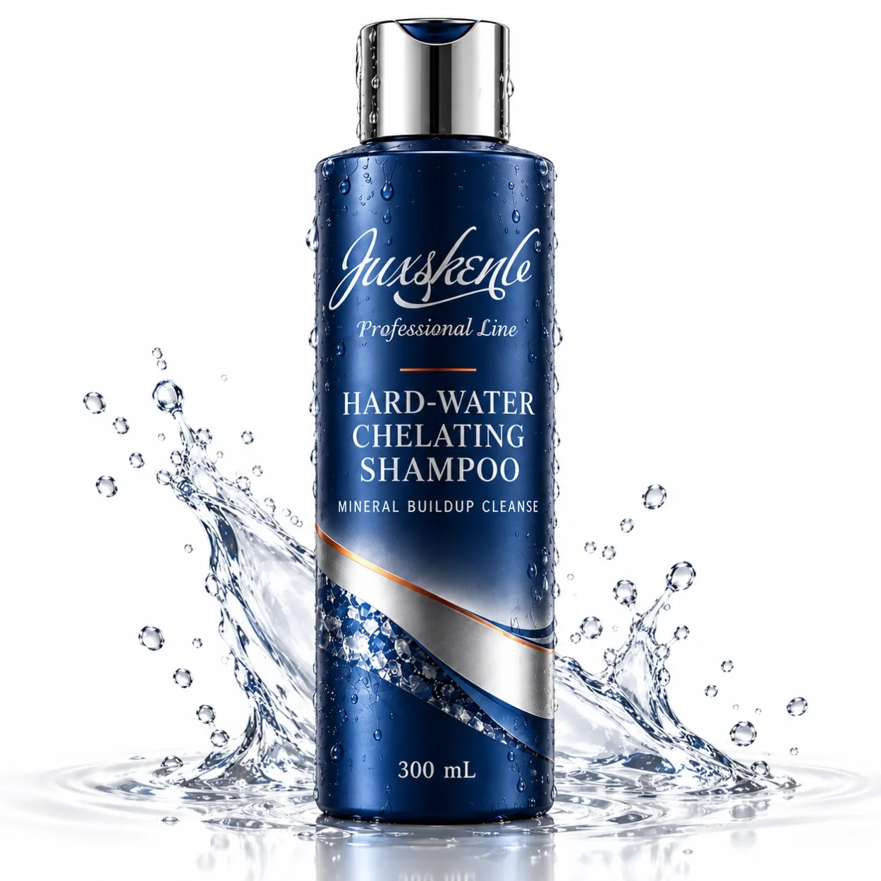 JUXSKENB Hard-Water Chelating Shampoo in a deep-blue 300 ml bottle with a silver dispensing cap and water-splash presentation