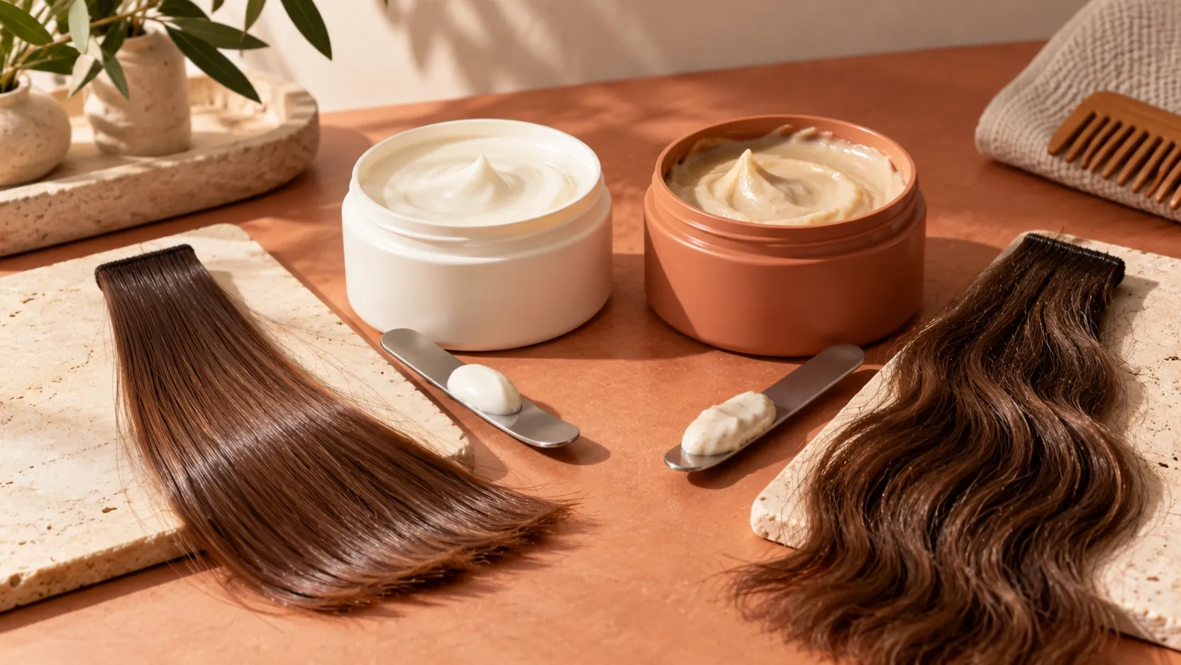Two brown hair swatches with different textures beside open cream jars and metal spatulas.