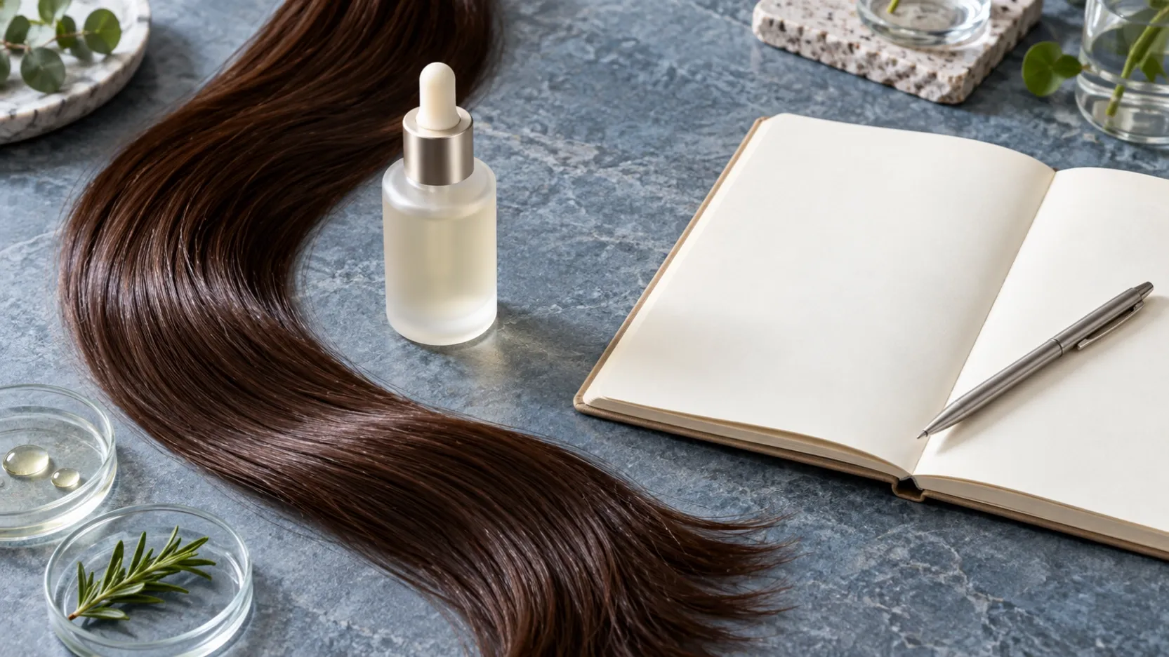 Long brown hair swatch beside a frosted serum bottle and blank notebook on a blue stone table.