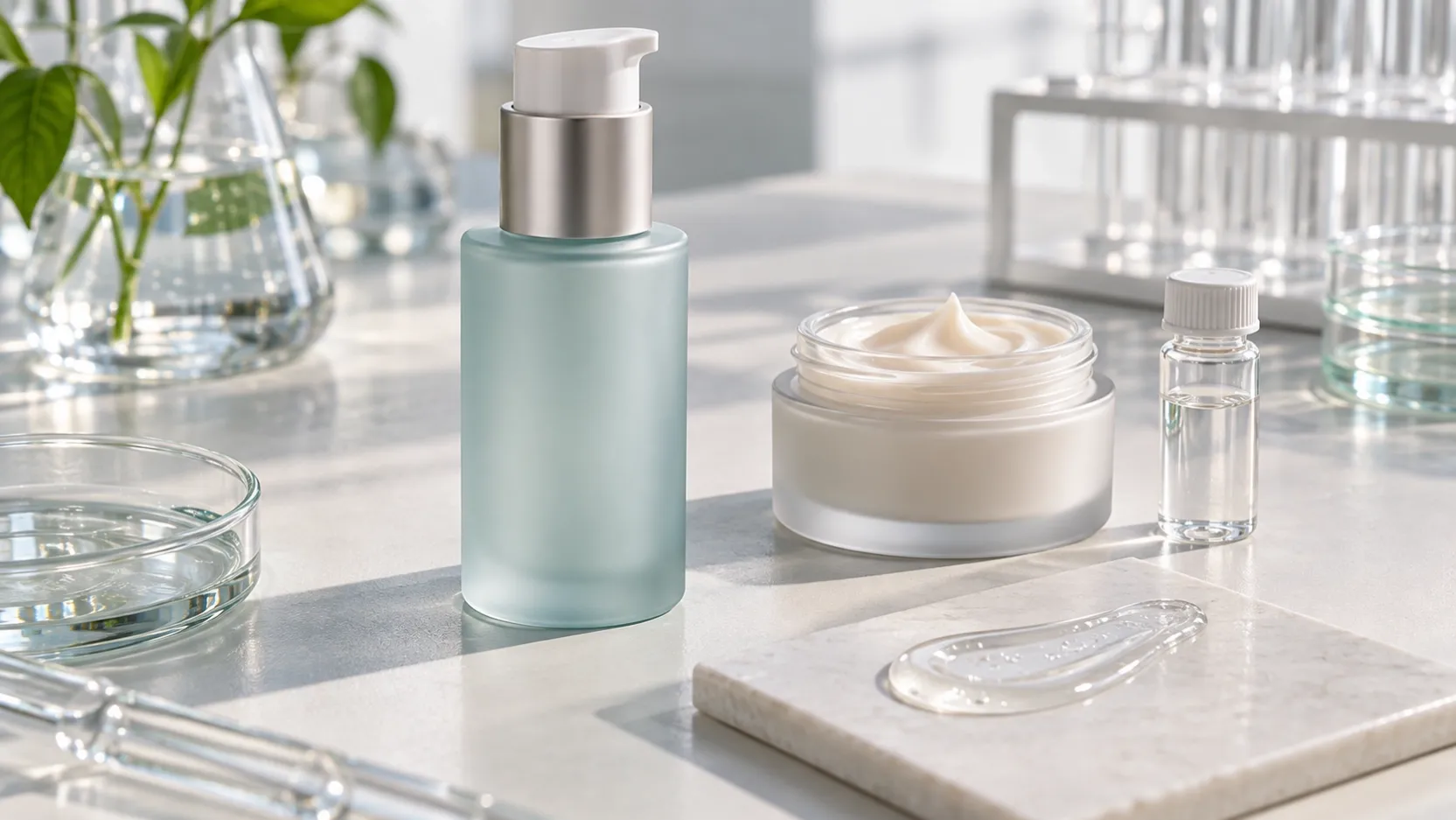Pale teal serum pump bottle, moisturizer jar, clear vial and translucent gel swatch on a worktop.