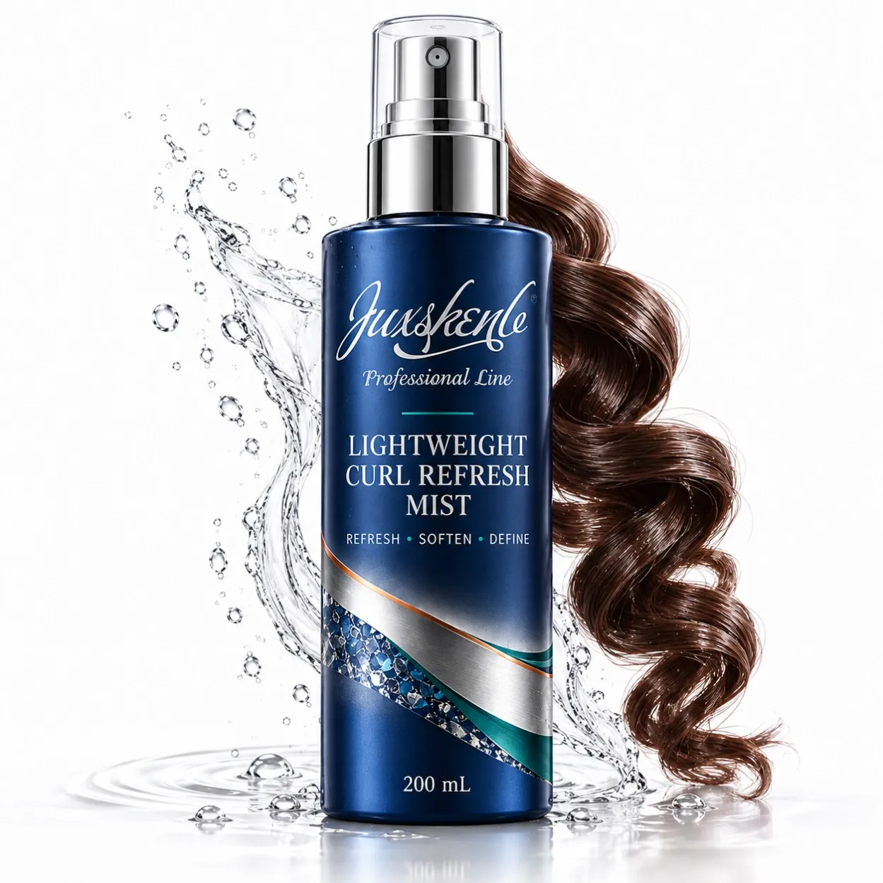 JUXSKENB Lightweight Curl Refresh Mist 200 ml blue bottle with silver fine-mist sprayer and clear overcap beside a curl swatch