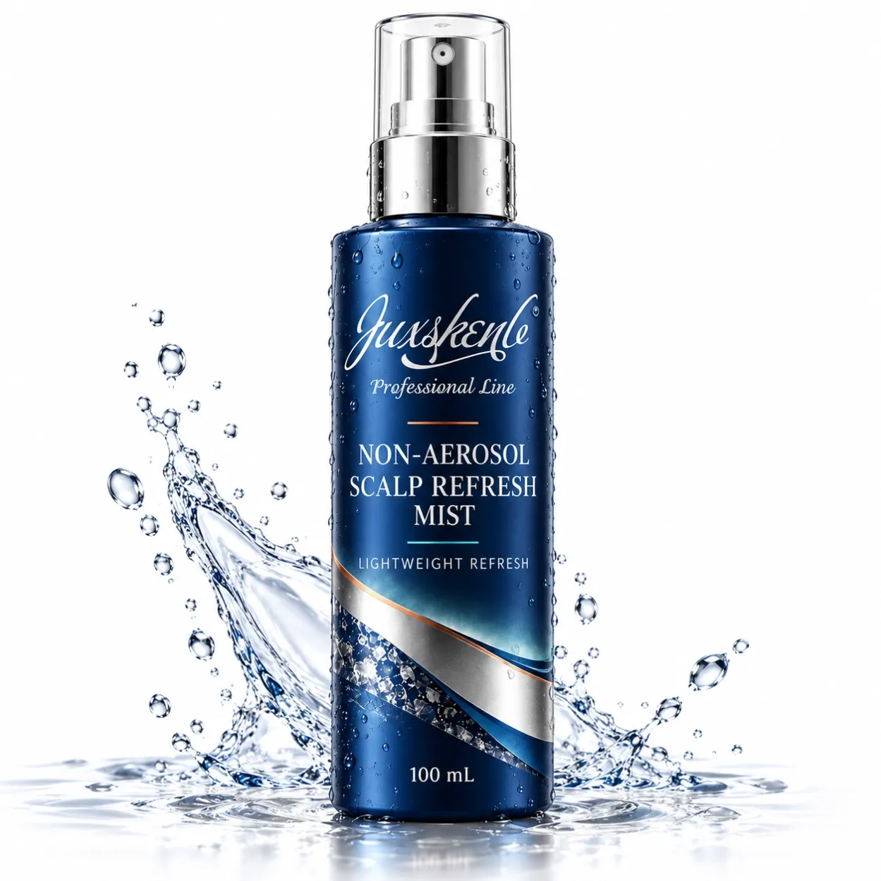 JUXSKENB Non-Aerosol Scalp Refresh Mist in a deep-blue 100 ml bottle with silver fine-mist sprayer and clear overcap