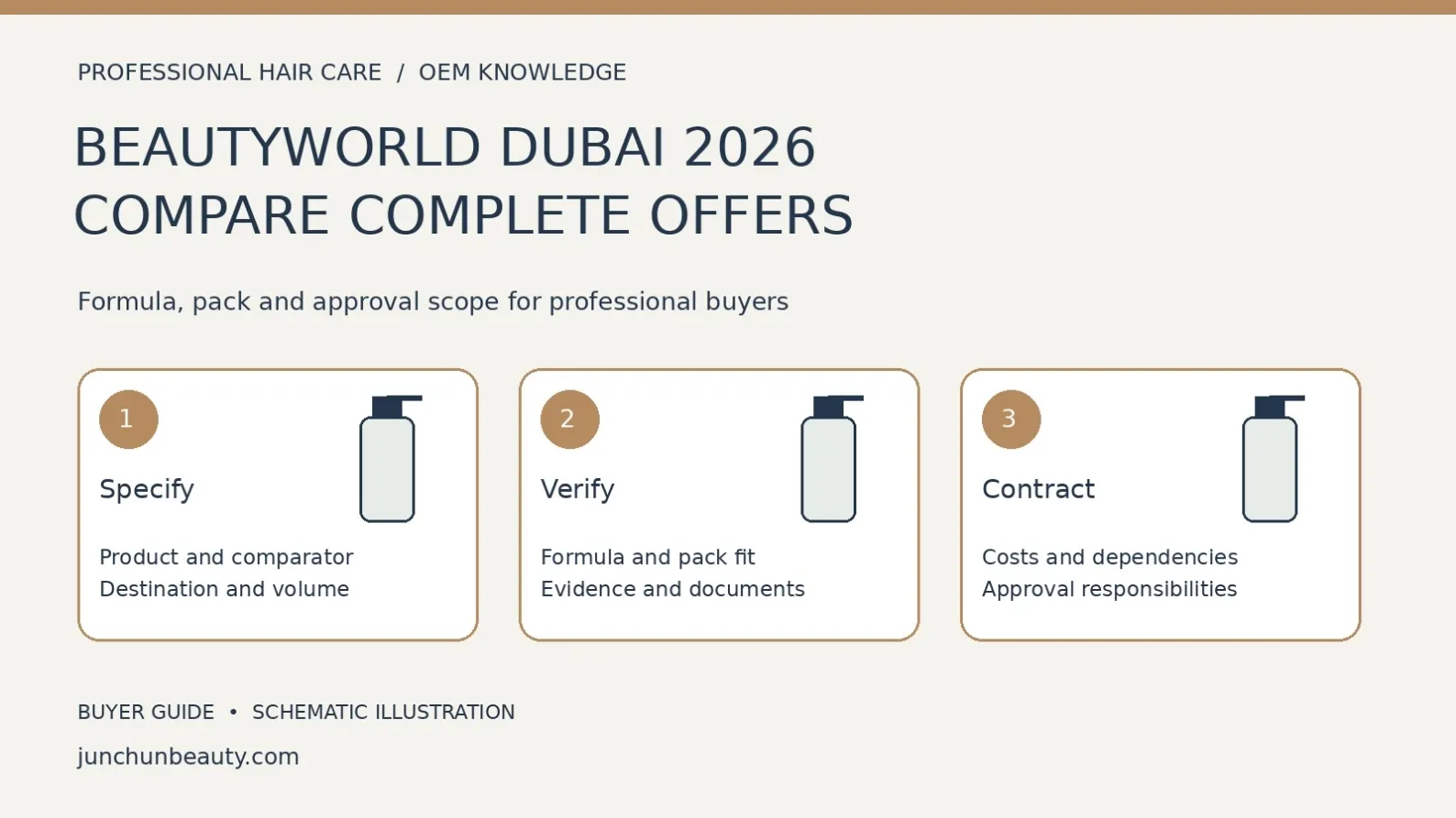 Beautyworld Dubai hair-care OEM comparison diagram connecting a product specification, formula-and-pack verification and written commercial approval responsibilities.