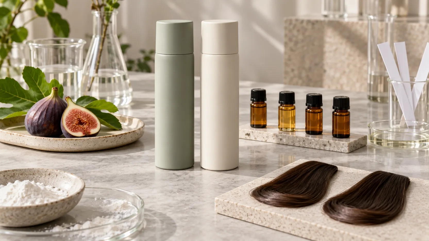 Two unbranded dry-shampoo concept bottles beside amber fragrance vials, a fig and matched dark hair swatches.