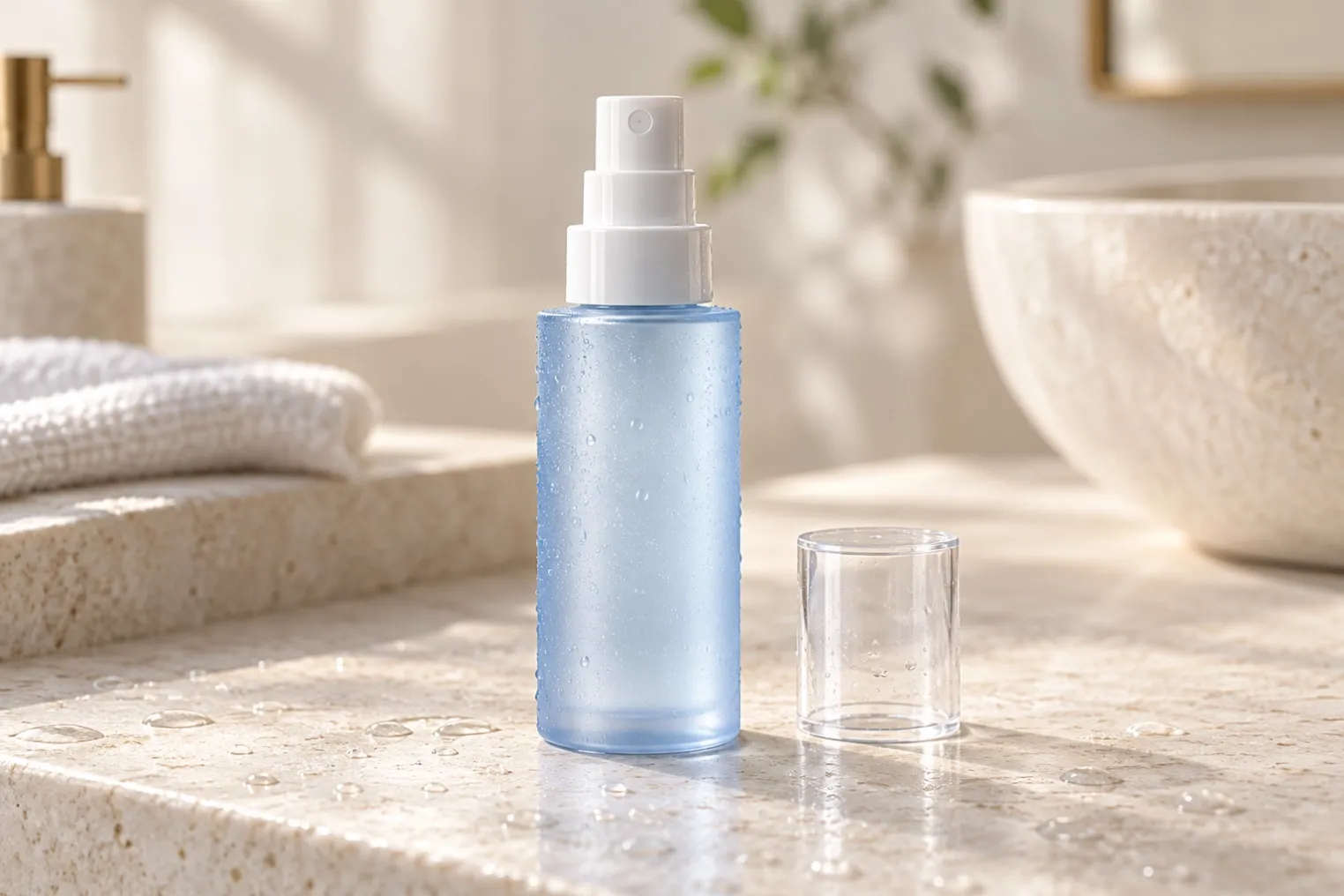 Conceptual frosted blue face-mist bottle with mechanical finger sprayer and clear cap beside water droplets on pale stone