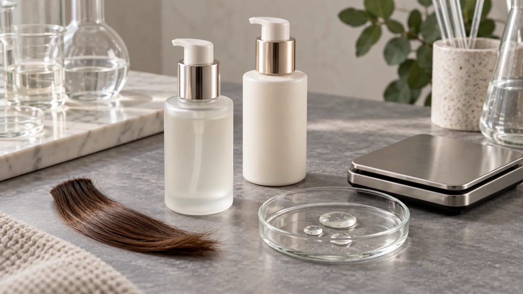 Two unbranded serum pump bottles, clear drops, hair swatch and a compact scale on a worktop.