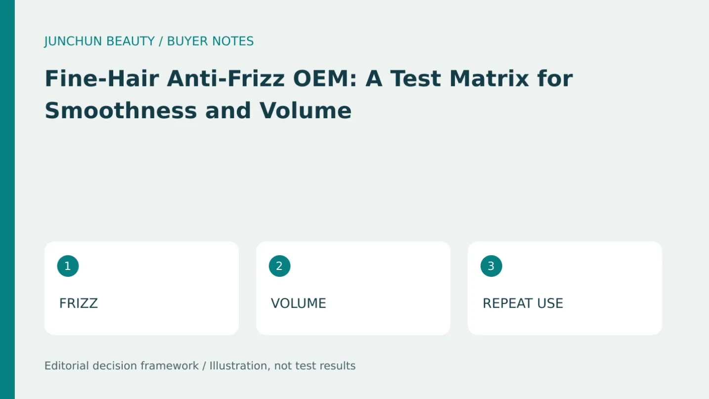 Three-part sample approval matrix for frizz appearance, volume and repeated-use residue; no measured results shown