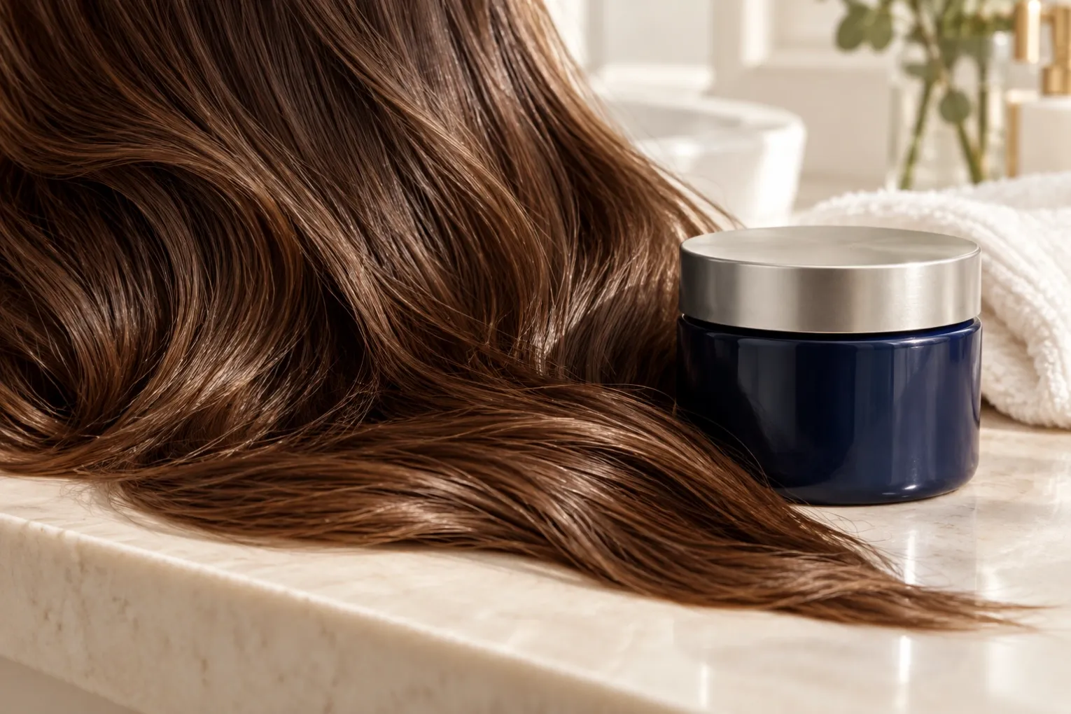 Illustrative warm chestnut brunette strands beside an unbranded navy treatment jar with a silver lid on a salon counter