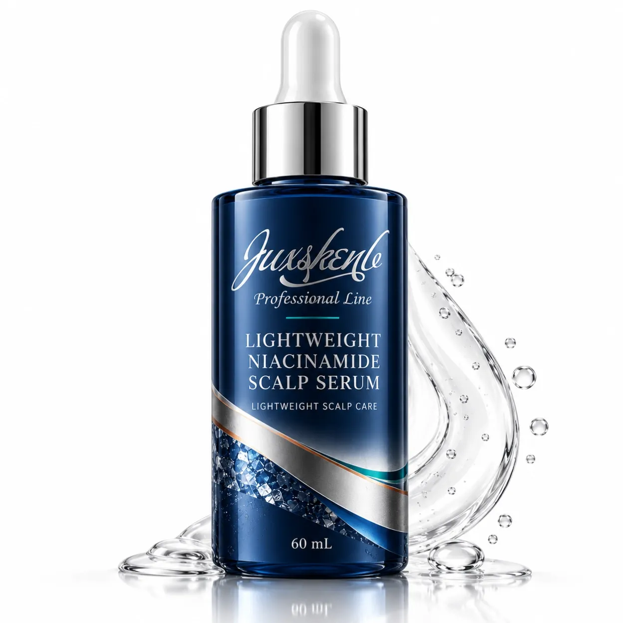 JUXSKENB Professional Line niacinamide scalp serum in a deep-blue bottle with a silver closure, shown as a product packaging presentation.