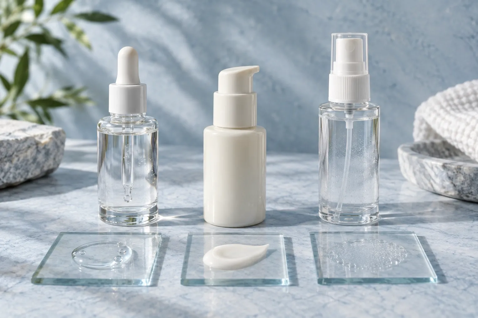 Three generic scalp-care formats shown as a dropper bottle, a small pump bottle and a fine-mist bottle