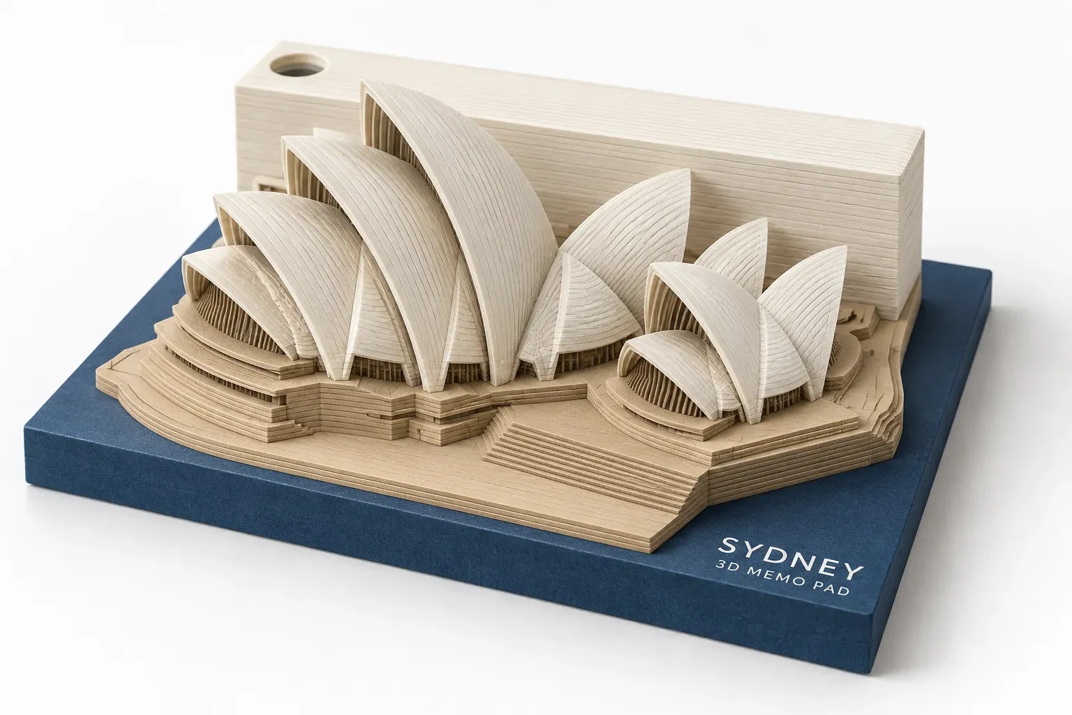 Concept render of the finished custom landmark 3D memo pad with Sydney Opera House paper sculpture on navy baseboard