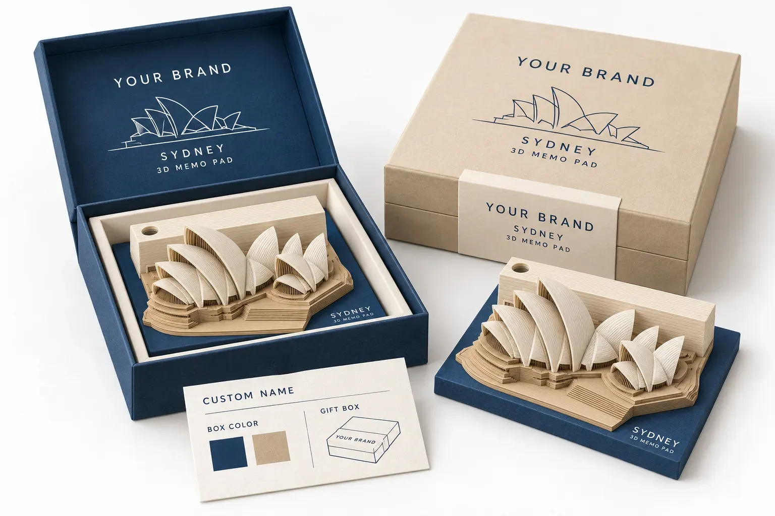 Concept render of gift box options with your brand and custom name, two colorways