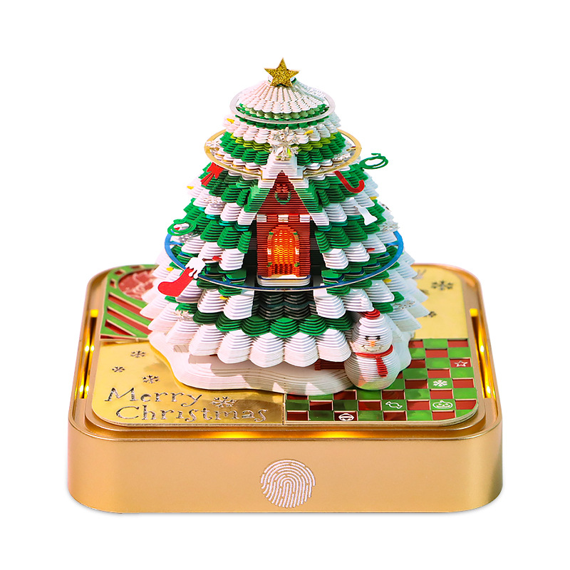 Christmas tree house 3D memo pad calendar 2027 edition on glowing gold base
