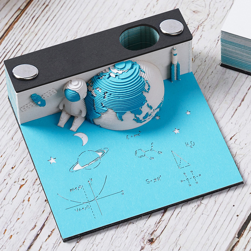Astronaut and Earth 3D memo pad with pen holder base, blue edition