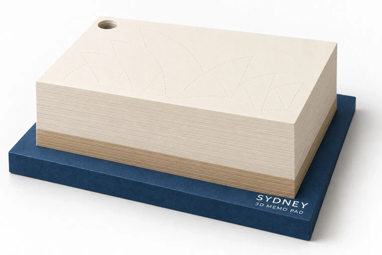 Concept render of the intact memo pad block before peeling, with faint cut lines visible on top