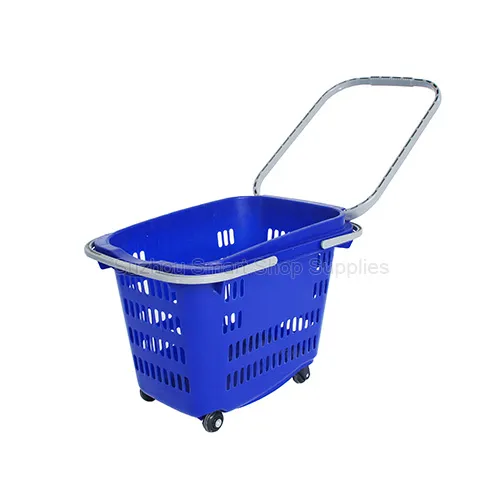 Premium 35L four-wheel rolling shopping basket SMT-RB29 by Suzhou Smart Shop Supplies in vibrant blue featuring an ergonomic u-shaped pull handle