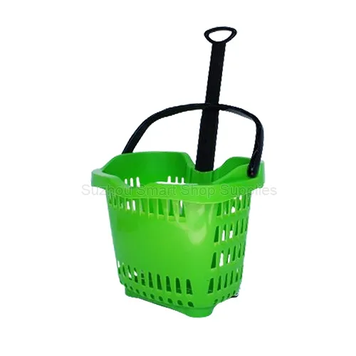 Premium 56L apple-shaped rolling shopping basket SMT-RB33 by Suzhou Smart Shop Supplies in vibrant green featuring an ergonomic centralized telescopic pull handle